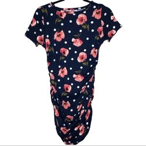 Piphany Laurel Dress Navy Whit Polka Dot Floral Ruched Sides XS
